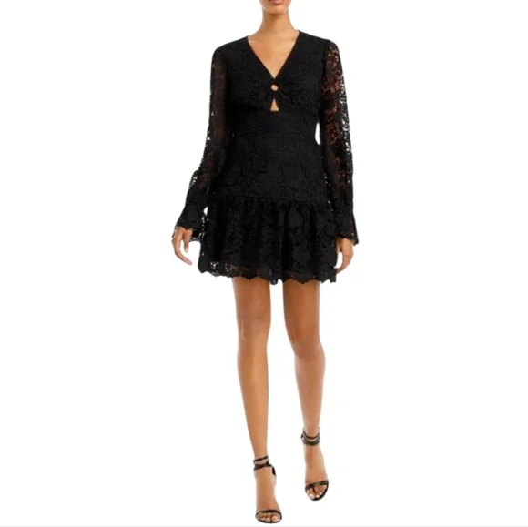 AQUA BLACK LACE LONG PUFF SLEEVE MINI DRESS MEDIUM - Picture 3 of 14